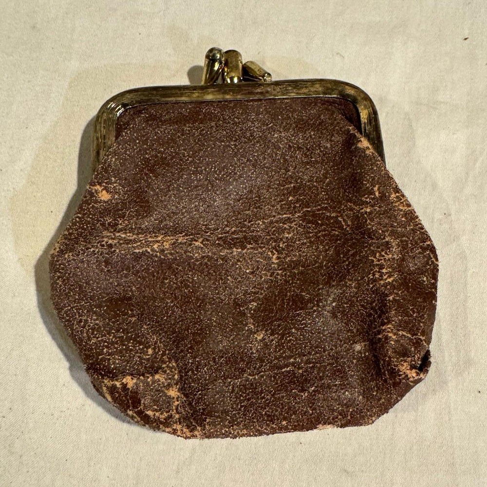Vintage Brown Leather Kiss Lock Folding Coin Purse Wallet Solid Women OS